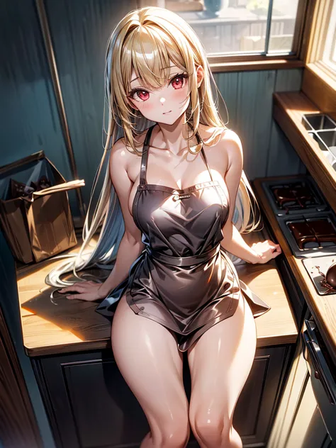  masterpiece, best quality, high resolution,Perfect light and shadow,8k wallpaper,illustration, ray tracing, a cute girl, Blonde Hair ,Long straight hair, red eyes,kitchen,Making chocolate,Love-shaped chocolate, Nude Apron ,