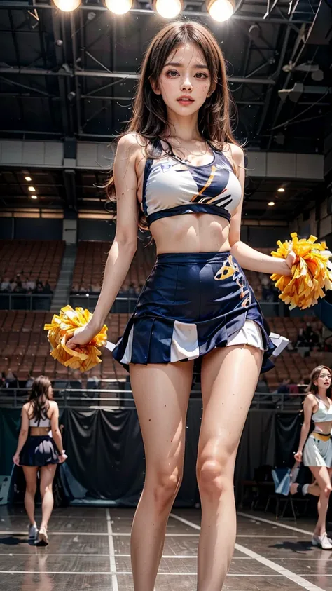 A beautiful young Japanese woman, 20 years old, with perfect anatomy, healthy thighs, beautiful feet, flawless skin, random hair color and style, large bust, (she is standing:1.2), wearing a cheerleader uniform with micro-pleated miniskirt, in a full body ...