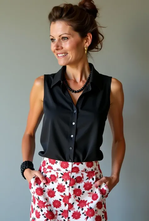 Ultra réaliste HOT mature élégante chic woman, petit seins, 45 years, Brown bun and wavy hair , Skinny black sleeveless blouse with collar, black bracelet, Gold earrings, black pearls necklace, Athletic , petit seins, White and red floral mid straight skir...