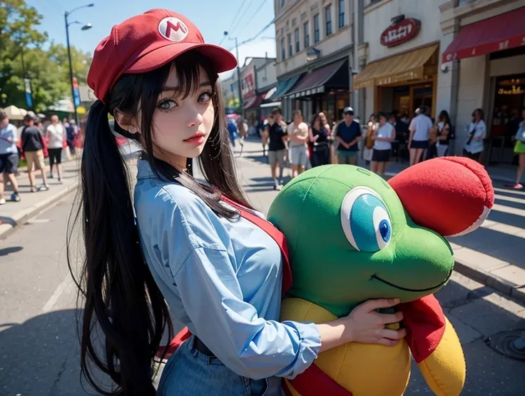 1girl\(long twin tail black hair, blue eyes, gothic fashion, colorful red hat with an "M" \(super mario\), bored, holding a huge yoshi plush toy, standing, static pose, look at viewer\), semi-realistic, theme park, crowded, colorful, morning