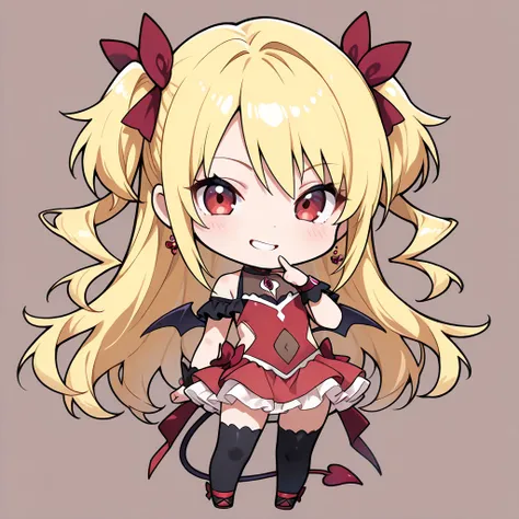 ((masterpiece, best quality, extremely detailed)), 1girl, ((chibi, chibi only)), blonde hair, long hair, red eyes, demon girl, fluffy, (magical girl, off-shoulder dress, sleeveless dress, navel cutout, see-through navel, side cutout, see-through cleavage, ...