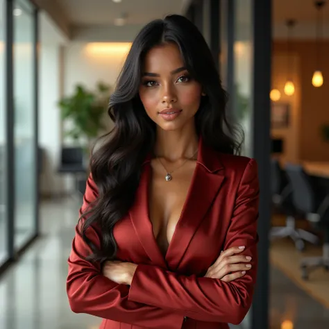 beautiful nicaragua woman in a satin office outfit