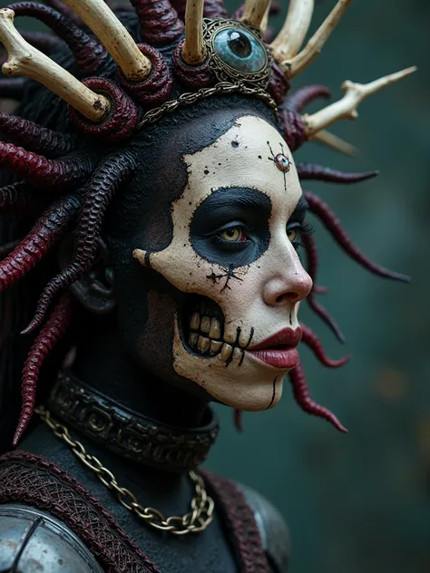 Beautiful Female cosmic entity,crown made from bones with eye of Providence in the middle of her forehead,half skull half face, tentacles wrapped around her as hair,spilled with red and black fluid,dark makeup,dark surrealism,dark realistic photography, da...