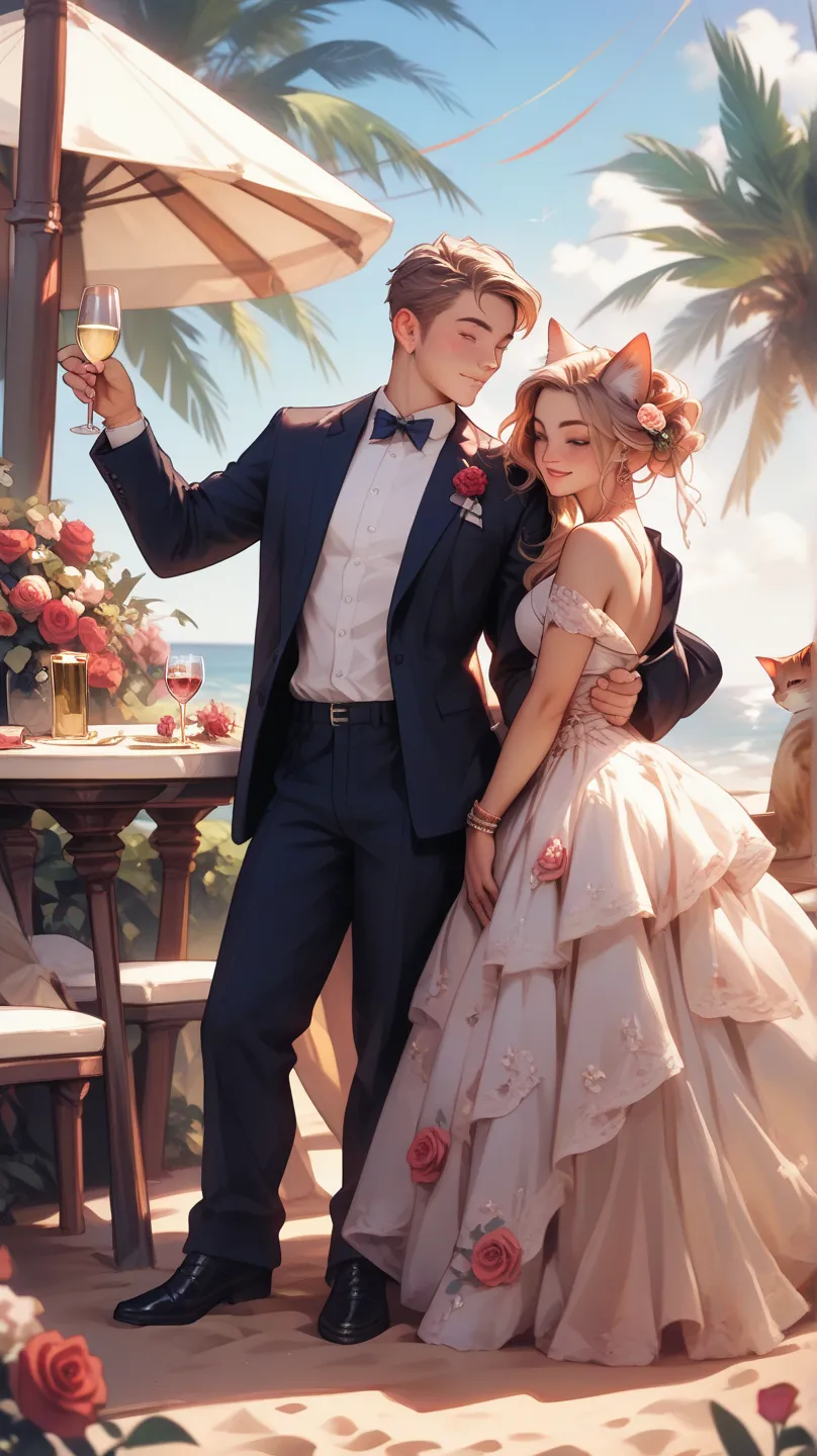 Outdoor design. Romantic dinner. Aesthetic. Flowers. Rose's. Slowly wind. A couple of cats. The female cat wearing a dress. A male cat wearing a suit. On beach. Champagne wine. At day.