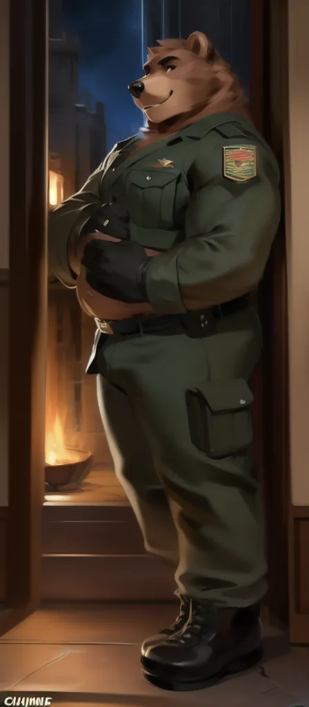  alone, Male tall ,  big body,Standing , night Den,bear ,   Black Green Military Uniform, Overweight ,  Muscle ,  smiley , by chunie 