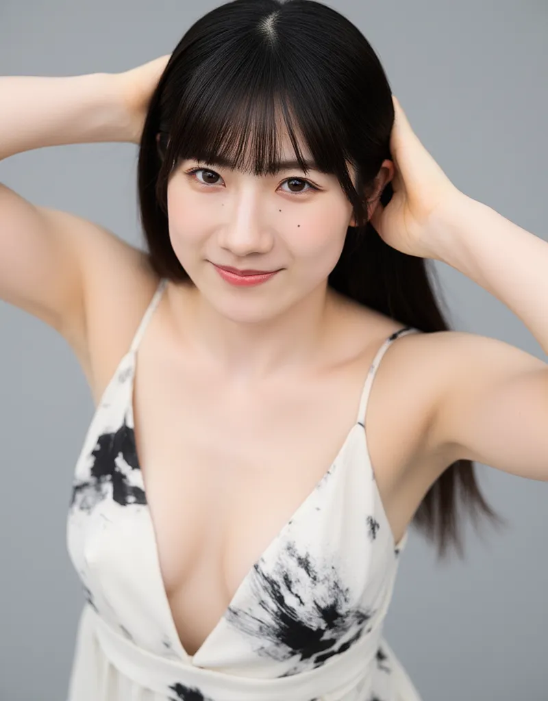 High-angle, The image is a photograph of a young woman, with a fair complexion and long, straight hair, and bangs. Her skin is snow-white. Deep V-neck, cleavage. she is wearing a sleeveless, white dress with black abstract brushstroke patterns, which gives...