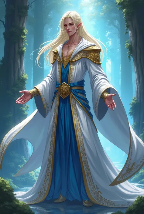 Anime Adult male elf who is a mage and have blonde color hair and wearing white , gold and blue robe.