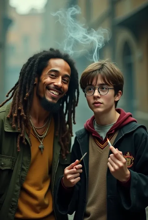 A photo of Bob Marley and Harry Potter smoking marijuana 