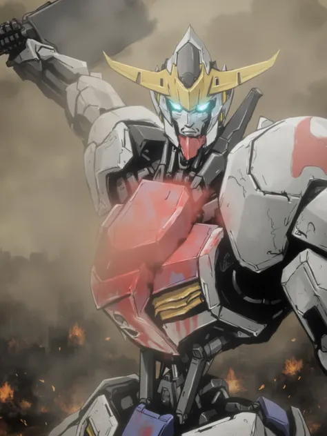 (Giant robots in cities),(gundam_Barbatos   ),(  In the background is a city in battle  ),(dynamic),( Hold a large sword with both hands  :2.0),(  bathed in oil like blood all over your body),(Bright Twin Eyes  :2.0),(dust:2.0),( burning fire :2.0),( detai...