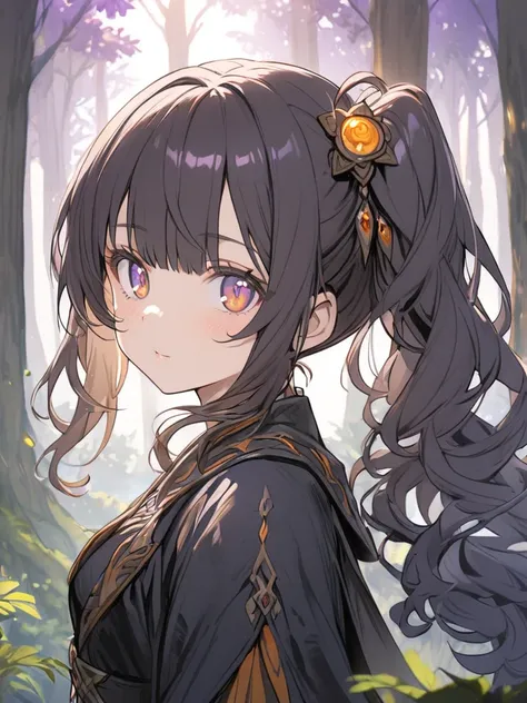 1 girl, bangs, black wavy hair, side ponytail, (violet eyes), orange eyes, forest, fantasy