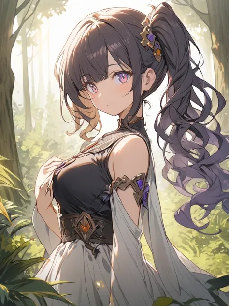 1 girl, bangs, black wavy hair, side ponytail, (violet eyes), orange eyes, forest, fantasy