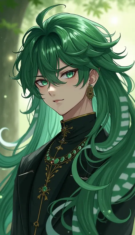 Snake male long hair green and white inner color
Knotted Menherayandere Eyes Smiling Flirty Earrings Empty Rings Isekai Uniform Cool Handsome Boy Bangs Anime