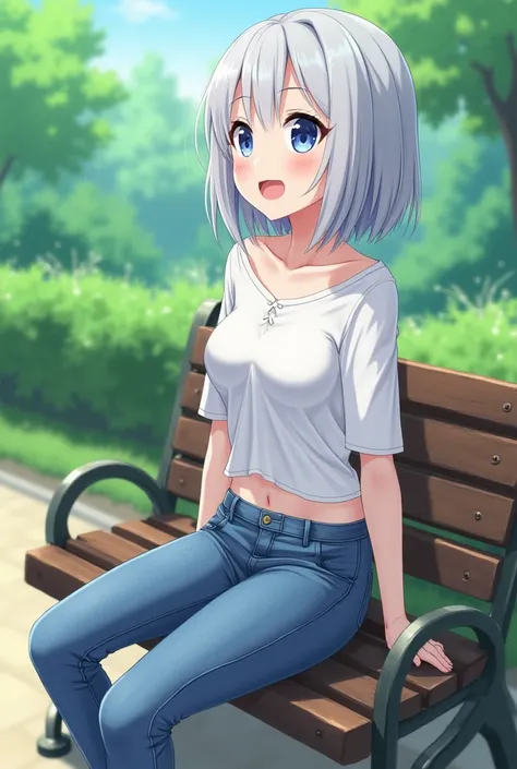 An anime girl with silver hair and blue eyes, with a small waist and medium breasts, she is wearing a white shirt hidden in jeans and sneakers, she is sitting on a bench in the park and looking forward with joy