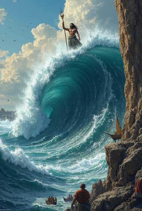 Poseidon atop a tsunami in a medieval art style 