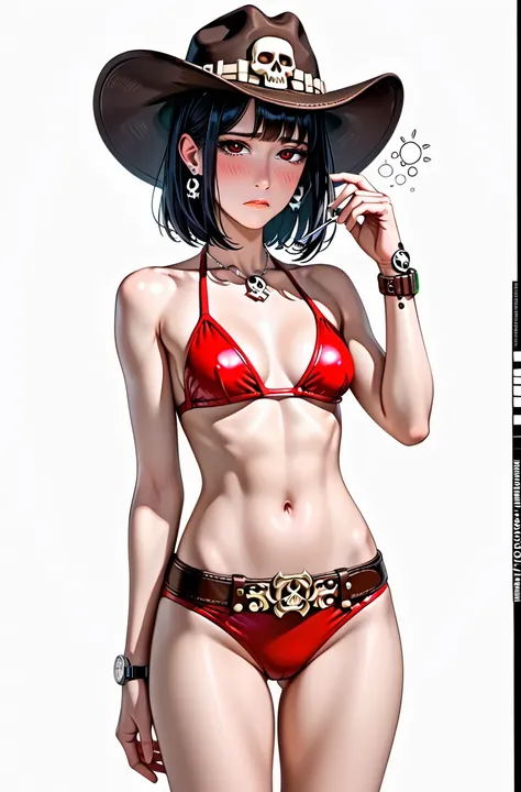 NSFW,(It's 1 ),(Emeralds:1.0),( slender body),( sad),real skin ,small breasts,  Gold, Super Detailed Black Eyes, lean in,( brown leather skull buckle belt on the back:1.3),(I don't wear a hat :1.5),(Watch on wrist:1.5),( red bikini:1.5),( Forward-facing Sh...