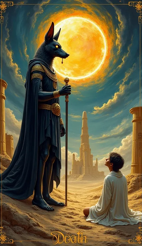 Tarot Card: Death – Anubis, Guardian of Transformation
Anubis, the Egyptian god of the afterlife, stands tall, his jackal eyes glowing with divine wisdom. Cloaked in dark robes, he holds the Was scepter in one hand and the Ankh in the other—symbols of endi...