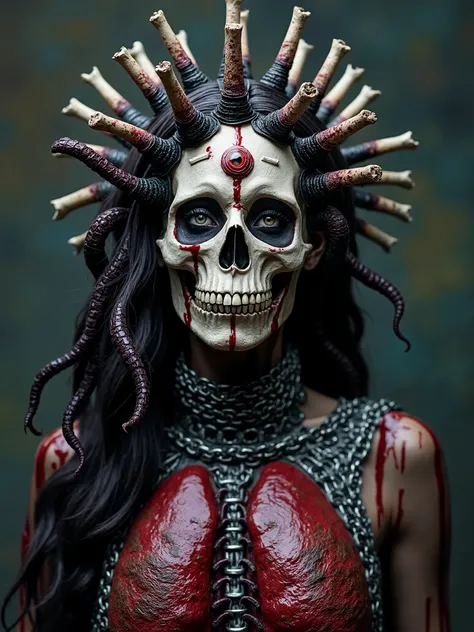 Beautiful Female cosmic entity,crown made from bones with eye of Providence in the middle of her forehead,half skull half face, tentacles wrapped around her as hair,spilled with red and black fluid,dark makeup,dark surrealism,dark realistic photography, da...