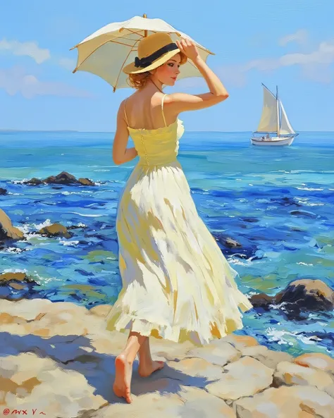 oil painting, V.V. style,   . beautiful girl, summer dress, long skirt, blonde, holding a parasol, hold onto hat, outdoor, seascape, blue ocean, afloat, boat, water, fluctuation of water surface, oil painting texture, (masterpiece, best quality:1.2) 