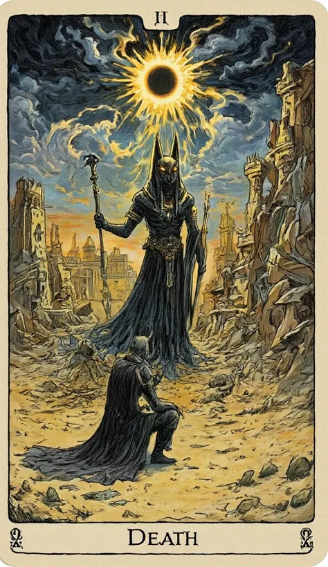 Tarot Card: Death – Anubis, Guardian of Transformation
Anubis, the Egyptian god of the afterlife, stands tall, his jackal eyes glowing with divine wisdom. Cloaked in dark robes, he holds the Was scepter in one hand and the Ankh in the other—symbols of endi...