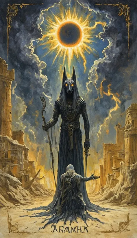 Tarot Card: Death – Anubis, Guardian of Transformation
Anubis, the Egyptian god of the afterlife, stands tall, his jackal eyes glowing with divine wisdom. Cloaked in dark robes, he holds the Was scepter in one hand and the Ankh in the other—symbols of endi...