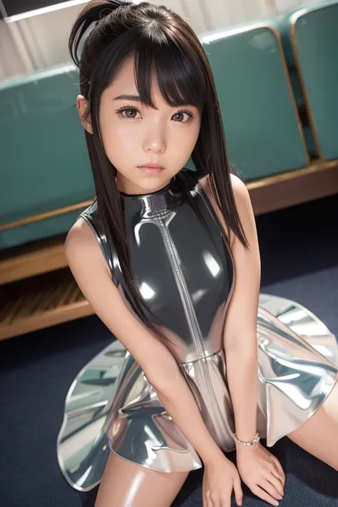  idol 、Age: 、 top quality、 Masterpiece、 ultra high resolution、 RAW photos 、( Photoreal:1.4)、 in the seat、 very cute、  adorable by design、  shiny dress ,  sexy,( face without makeup:1.3)、 (Super reflective latex  polarized paint dress :1.7)、 very attractive...