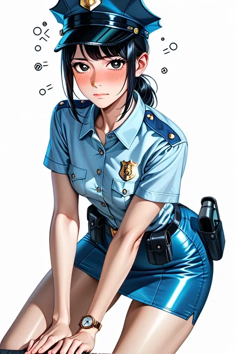  Japanese beautiful girl ,(It's 1 :2.0),( watch viewers:1.0),(tight short sleeve collared police shirt :1.1),( police officer micro mini skirt standing in a natural pose:1.1),( slender body:1.2),( drunk _ hiccups:1.3),real skin ,small breasts,  Shiny Black...