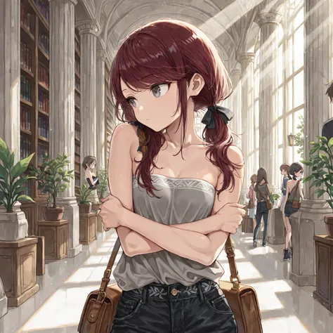  (Masterpiece, best quality), intricate details, JK, girl, looking to the side, head tilt, dark red hair, low twin tails, hair ribbons, stoic, gray eyes, gray strapless top with white trim, loose top , black jeans, satchel, hugging self, small breasts, ton...