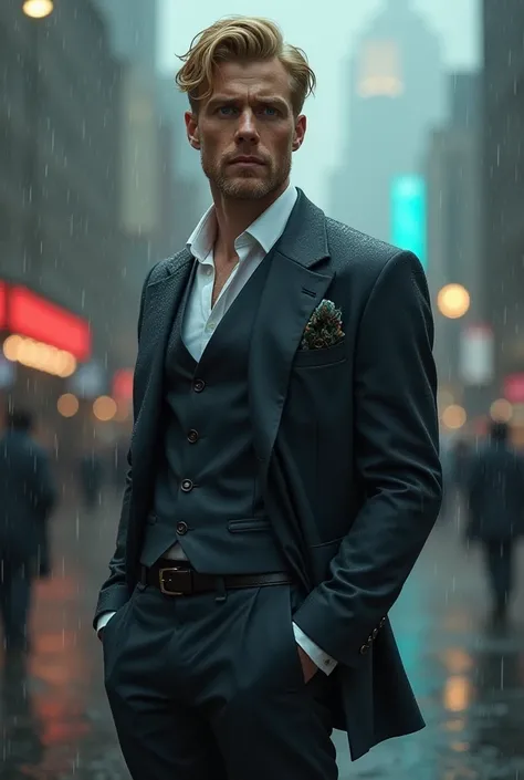 Handsome blond man in the rain,  in an elegant outfit  