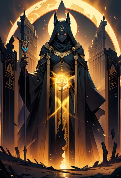 Tarot Card: Death – Anubis, Guardian of Transformation
Anubis, the Egyptian god of the afterlife, stands tall, his jackal eyes glowing with divine wisdom. Cloaked in dark robes, he holds the Was scepter in one hand and the Ankh in the other—symbols of endi...