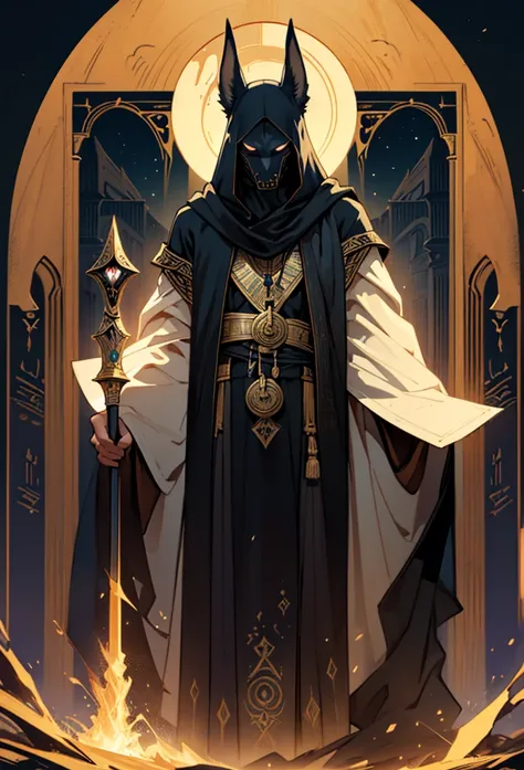 Tarot Card: Death – Anubis, Guardian of Transformation
Anubis, the Egyptian god of the afterlife, stands tall, his jackal eyes glowing with divine wisdom. Cloaked in dark robes, he holds the Was scepter in one hand and the Ankh in the other—symbols of endi...