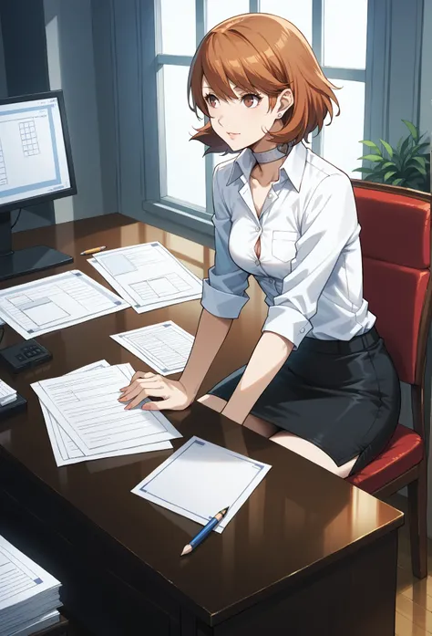 score_9, score_8_up, source_anime
(masterwork, masterpiece, best quality, hyper-detailed :1.2),
1 girl, solo, cute face,
p3yukari, yukari takeba, short hair, light brown hair, earrings, choker,
most of body, office, button-up shirt, pencil skirt, heels