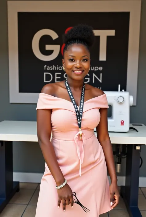 A Nigerian lady wearing a short gown with scissors in her hand tape on her neck standing in front of her shop with an industrial machine on a table and her brand name written on the wall boldly  G and T fashion design