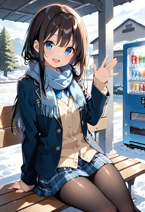 ((masterpiece, best quality, ultra detailed, high resolution, beautiful detailed face, beautiful detailed eyes, perfect hands)), (1 girl, solo), (black long hair), (cobalt blue eyes, clear eyes), (school uniform, winter uniform), (blazer, cardigan, skirt, ...