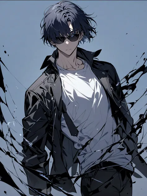 handsome, solo, 1male, (short hair), black hair with dark blue hair tips, ((black sunglasses, sunglasses covered eyes), blue eyes), (white shirt, black jacket), black pant, cowboy shot, full body, looking at viewer, simple background, perfect composition