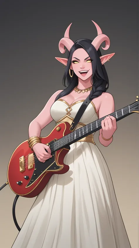 Female Bard rockstar Tiefling with pink skin,cool Tiefling horns with golden streaks, wearing a gala black and whitte dress,character of D&D, black hair,Ojos azules, Sonrisa, playing_instrument, electric_guitar, perfect eyes, pink skin,adult actress, athen...