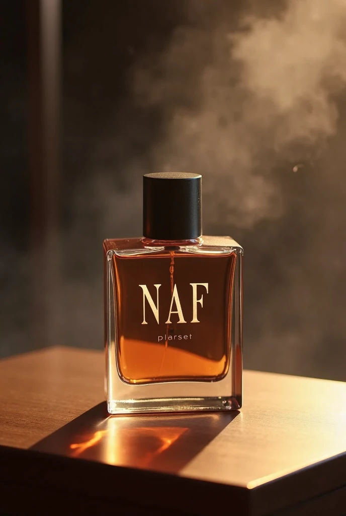  create a luxury bottle of men's perfume , with initials on NAF glass and surrounded by initials,Make a luxurious emblem behind it create a mist behind the bottle place the perfume on a wooden table 
Waiting to start