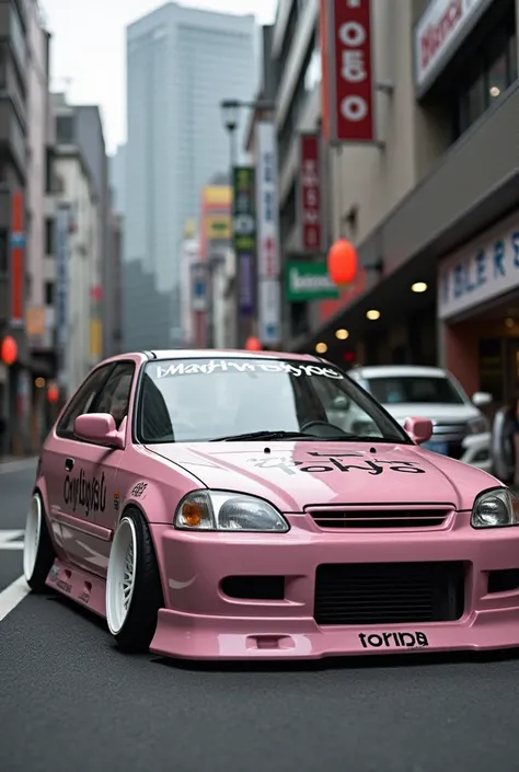 Honda civic eg hachtback 1993 color Mexican pale pink , with white BBS style wheels with the word Mafia Tokyo in black 