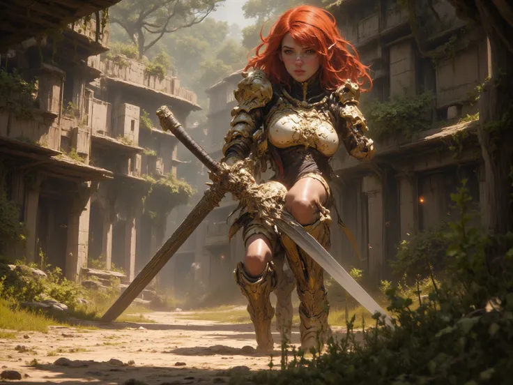 Female Elf, Long Flowing Fiery Red Hair with Blunt Bangs, Long Elven Ears, Glowing Blue and white Cybernetic Eyes, Tanned Skin, Large Breasts, Wide Hips, Thick Thighs, Long Legs, Wearing Form Fitting Advanced Golden Leaf Advanced Cybernetic Armor, Holding ...