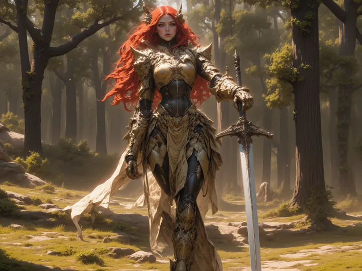 Female Elf, Long Flowing Fiery Red Hair with Blunt Bangs, Long Elven Ears, Glowing Blue and white Cybernetic Eyes, Tanned Skin, Large Breasts, Wide Hips, Thick Thighs, Long Legs, Wearing Form Fitting Advanced Golden Leaf Advanced Cybernetic Armor, Holding ...