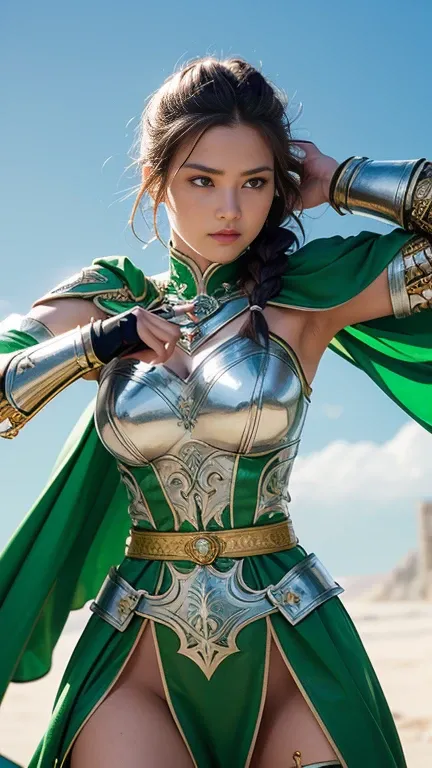 A female warrior clad in a striking emerald and silver armor stands confidently. The armor is intricately designed with metallic shoulder guards, gauntlets, and knee pads, all connected by brown leather straps and belts.
The warrior's attire includes a lon...