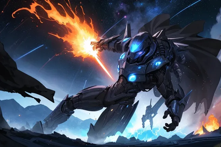 1male, space warrior in sleek metallic armor with glowing blue accents and intricate engravings; the armor features a flowing black cape dramatically billowing in the wind; wielding a plasma sword mid-swing with radiant blue energy trails; the character is...