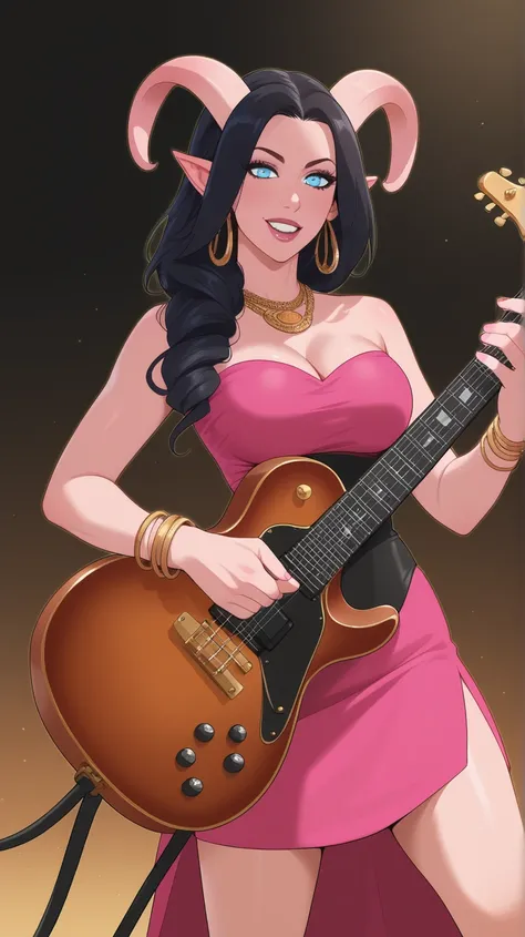 Female Bard rockstar Tiefling with pink skin,cool Tiefling horns with golden streaks, wearing a gala black and whitte dress,character of D&D, black hair,Ojos azules, Sonrisa, playing_instrument, electric_guitar, perfect eyes, pink skin,adult actress, Jay_J...