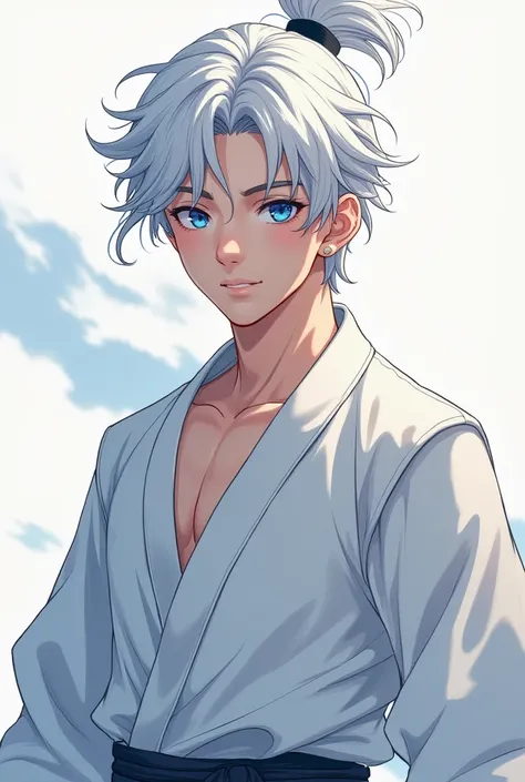 Anime boy 20 years old 1 , 95 cm martial artist blue eyes beautiful face and white hair 