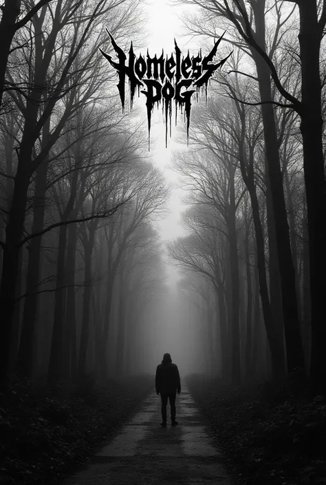 "Black metal album cover, many wild trees in a dark, foggy urban forest , eerie atmosphere, high contrast black and white, grunge textures, gothic logo saying 'Homeless Dog', raw and brutal aesthetic, extreme metal style, high detail."