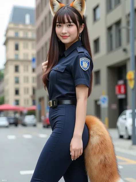 ((  top quality , 8k)), ((Girl with straight brown hair)), ((  photorealistic)), ( masterpiece),  perfect face , ((Woman with fox ears )), ((That woman has a tail )), foxgirl, (Her tail is big  ), ( That beautiful woman is smiling), She's a college student...