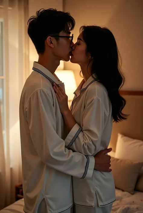  Full Body Image , Oral sexual intercourse,  in the bedroom , ชายหญิงTwo people,The handsome young man, 17, with a pair of glasses, wore a white long-sleeved fashion pajama pajama dress with dark blue stripes throughout the shirt, and wore white long leg p...