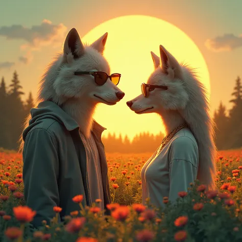 man and woman with wolf head in the sun glasses, sun, field, flowers, forest