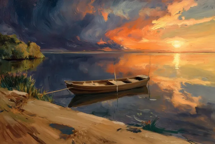 a stunning sunset lake landscape, a wooden fishing boat on a serene lake, dramatic sky with vibrant colors, sunlight reflecting on the water, an incredible award-winning abstract art piece, high quality detailed illustration, inspired by El Lissitzky, bold...