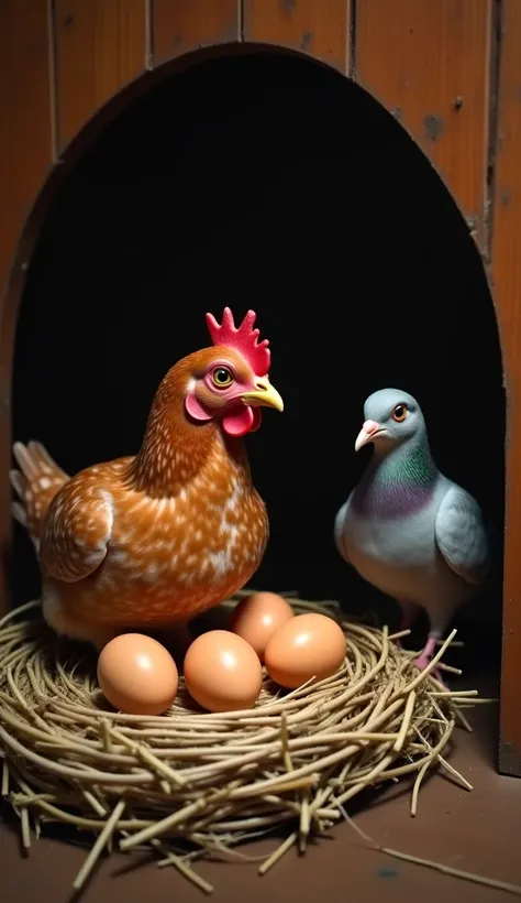 The fantasy image shows a hen sitting on a nest with four eggs, while a pigeon looks in from an opening in the wooden structure. The hen is primarily brown with some white feathers, and the eggs are light brown. The pigeon is grey with some white and black...