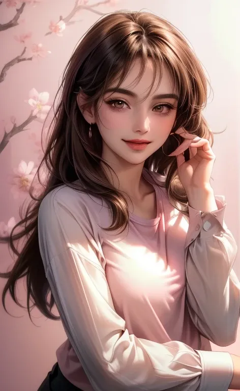 (masterpiece,best quality,ultra_detailed,highres,absurdres),1 female, 24-ish, (beatiful face), female focus, solo, white skin, soft brown long hair (hush cut style), upper body, looking at viewer, smile face, parted lips, feminine shirt, long sleeves, hand...